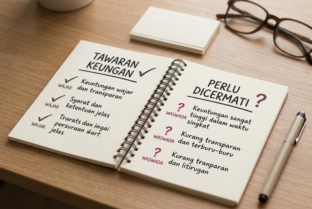 Meja edukasi finansial dengan catatan membandingkan tawaran keuangan yang wajar dan tidak wajar