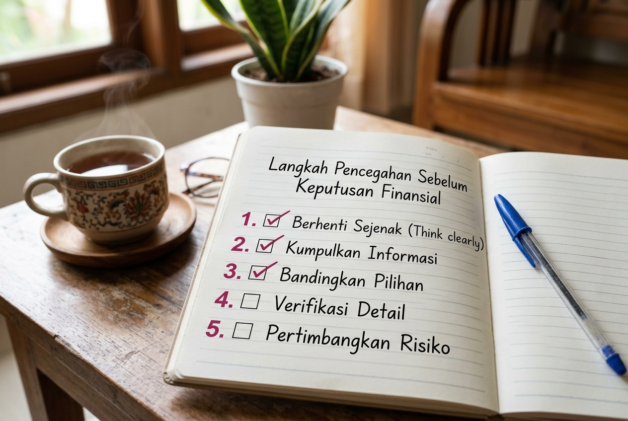Daftar langkah pencegahan sebelum mengambil keputusan finansial di buku catatan