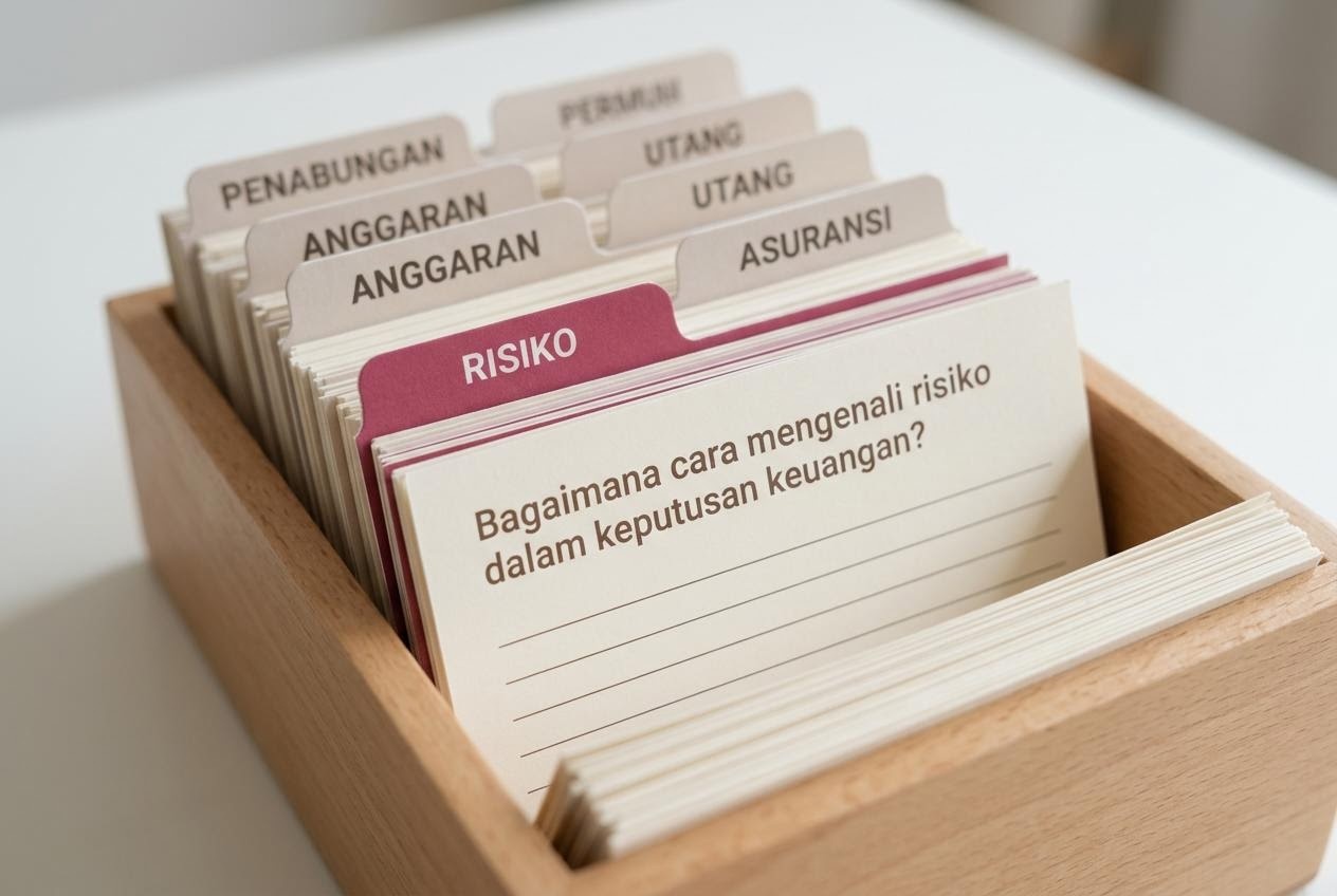 Kartu indeks referensi pembelajaran finansial tersusun rapi untuk mengenali risiko